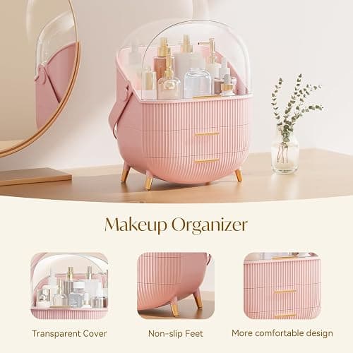 Multi-Function Make Up Case Dustproof Cosmetic Storage Box, Organizer Skin Care Products Jewelry Organizer Finishing Box for Bedroom Bathroom Desktop (Pink) thumbnail 4