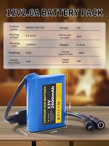 12V 2600mAh Lithium Battery Pack with 12.6V 1A Charger, 12 Volt Rechargeable Battery for DIY Projects thumbnail 2