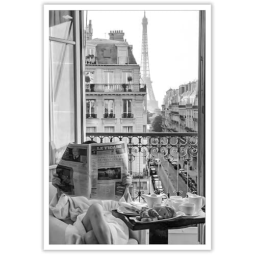 Vintage Girl Reading Newspaper Poster Eiffel Tower View Canvas Wall Art Retro Black And White Feminist Room Aesthetic Prints Painting For Home Bedroom Dorm Apartment Wall Decor 12x16in Unframed - Image 1