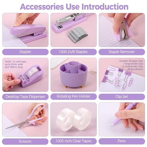SKYDUE Purple Office Supplies Set, Purple Office Desk Accessories 10PCS, Pencil Holder for Desk, Stapler, Tape Dispenser, Scissors, Ruler, Binder/Paper Clips and 1000pcs Staples,Desk Supplies Set thumbnail 4