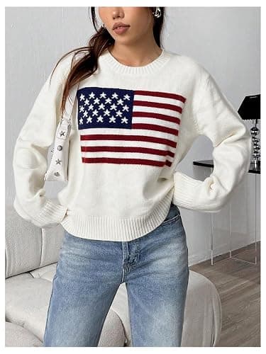 SweatyRocks Women's Flag Pattern Long Sleeve Round Neck Sweater Casual Loose Pullover Sweater thumbnail 3