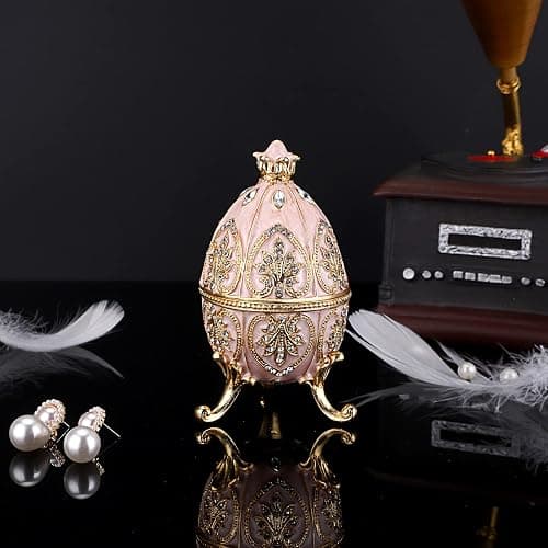 ELLDOO Faberge Egg Style Trinket Box, Enameled Jewelry Box Unique Decorative Metal Box Classic Ornaments Gift for Home Decor, Beige thumbnail 2