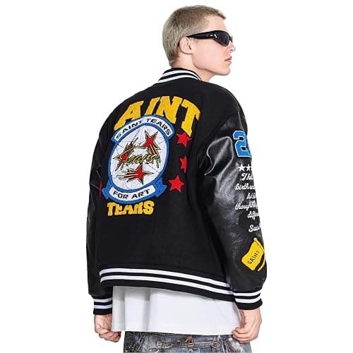 Arnodefrance Men Saint Savior Graphic Print Varsity Jacket Vintage Baseball Jackets streetwear Coats - Large - Black thumbnail 6