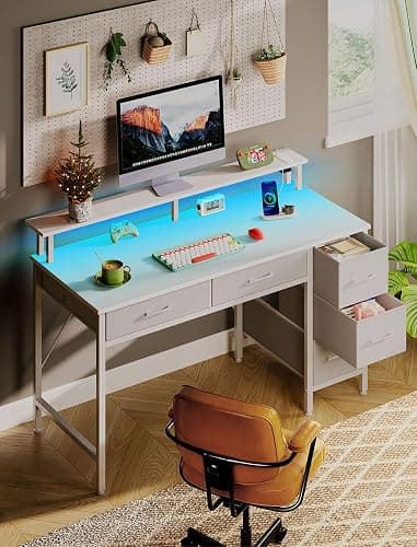 Seventable Computer Desk with Power Outlets & LED Light, 39 inch Home Office Desk with 5 Drawers, Writing Desk with Monitor Stand, Work Desk for Home Office, White thumbnail 6