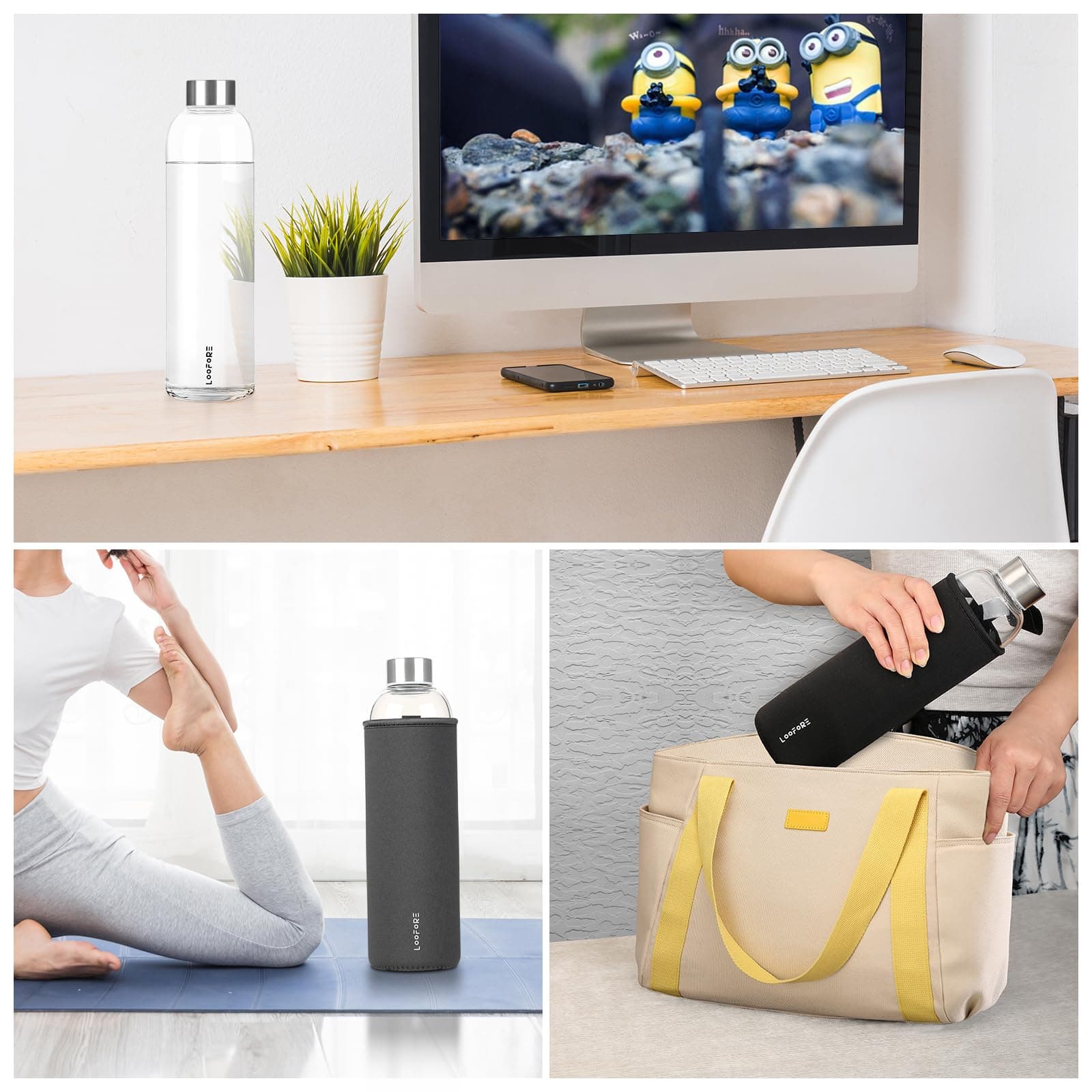 1L/1000ml Classic Glass Drinking Bottle, Portable, BPA Free, On The Go Sports Bottle, Glass, Water Bottle For Carrying Cold Hot Drinks With Neoprene Bag And Sponge Brush thumbnail 7