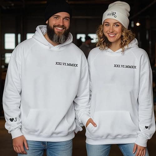 Omukaeim Customized Embroidered Roman Numeral Hoodies Specifically Designed For Couples, Personalized Creative Gifts For Boyfriends And Girlfriends,Matching Hoodies For Couples. Multicolor thumbnail 2