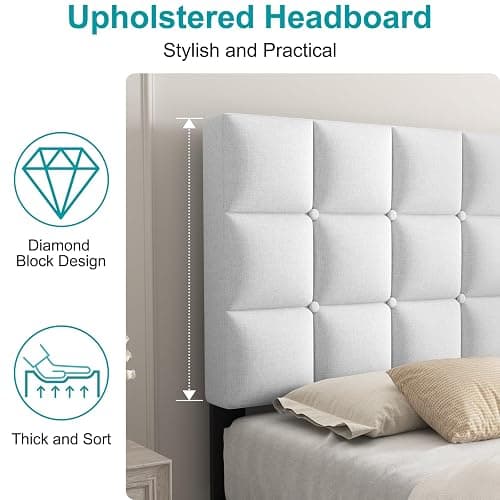 Twolike Queens Bed Frames with Upholstered Platforms, Foldable Metals Frames & Simplys Tool Assembly, Queen Bed Frames with White Breathable Fabric thumbnail 3