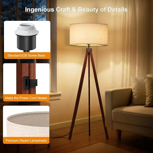 LEPOWER Wood Tripod Floor Lamp, Mid Century Standing Lamp, Modern Design Studying Light for Living Room, Bedroom, Study Room and Office, Flaxen Linen Shade with E26 Base Brown thumbnail 5