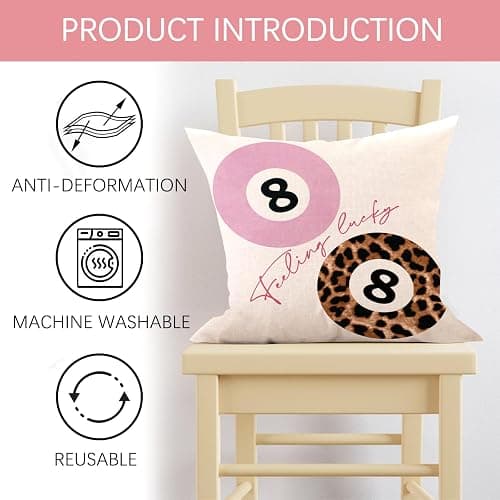 Fjfz Feeling Lucky 8 Ball Pink Leopard Print Decorative Throw Pillow Covers | 18 x 18 Set of 4, Trendy Cheetah Billiards Playing Card Star Home Decor, Funky Girls Dorm Bedroom Sofa Couch Cushion Case thumbnail 4