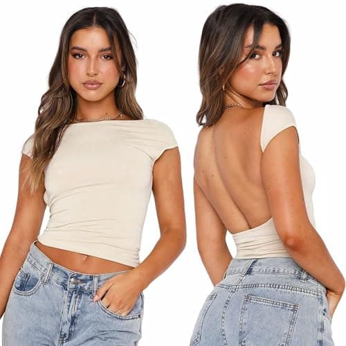 Arkim Top Dos Nu Femme [Matériaux Améliorés] Y2K Backless Top T-Shirts, Sexy Haut Dos Nu Tops Femme Ete Style Réversible - Image 1
