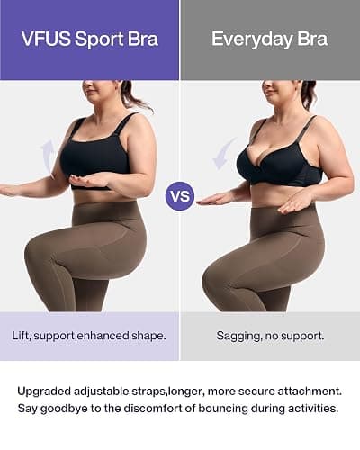 VFUS Women's Sports Bra Wirefree Adjustable Medium-High Support Everyday Wear for Large Bust Plus Size with Removable Pads - Black - Large thumbnail 2