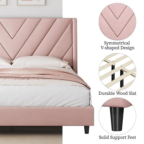 Yaheetech Queen Bed Frame Upholstered Platform Bed with Wing Side/Wooden Slat Support/Tufted Headboard with Wing Side/Mattress Foundation/No Box Spring Needed,Pink Queen Bed thumbnail 5
