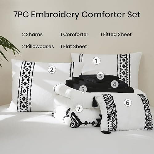 MaiRêve Embroidery Comforter Set Queen Size - 7 Piece, White Boho Western Bedding All Season Bed in A Bag, Farmhouse Queen Comforter Set with Sheets, Pillowcases & Shams thumbnail 7