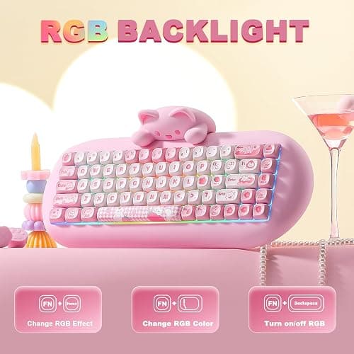 YUNZII C68 Wireless Mechanical Keyboard,65% Layout,Hot Swap,Triple Mode BT5.0/2.4G/Wired, RGB Backlit NKRO,Cute Cat Silicone Ergonomic Design for Win/Mac (Pink, Milk Switch) thumbnail 4
