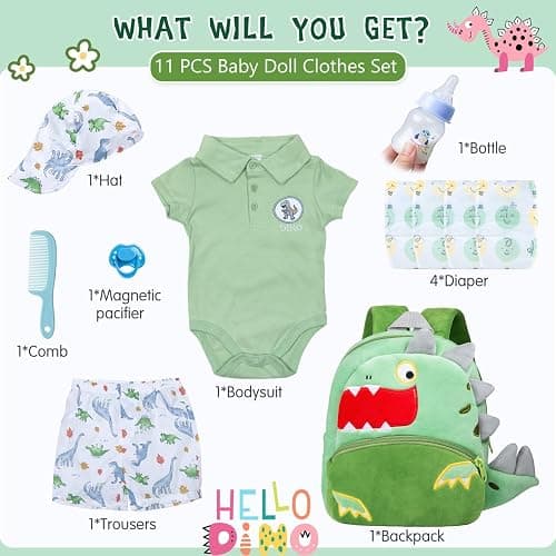 11 Pcs Reborn Baby Doll Clothes Boy Dinosaur Outfit Accessories for 17-22 Inch Reborn Boy Dolls 20 Inch Newborn Baby Boy Clothes Green Accessories with Backpack thumbnail 3
