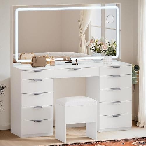 YITAHOME 46" Vanity Table with LED Lighted Mirror, Makeup Desk with 11 Drawers, Cushioned Storage Stool, Vanity Set with Power Outlet & Magnifying Mirror thumbnail 3