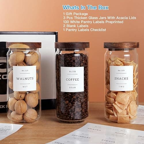 CZZGSM 3 Set Glass Pantry Storage Jars with Acacia Airtight Lid - 35oz Thicken Glass Kitchen Canisters with 132 Pantry Labels - Clear Food Storage Containers with Wood Lid for Tea,Sugar,Cookie,Pasta thumbnail 3