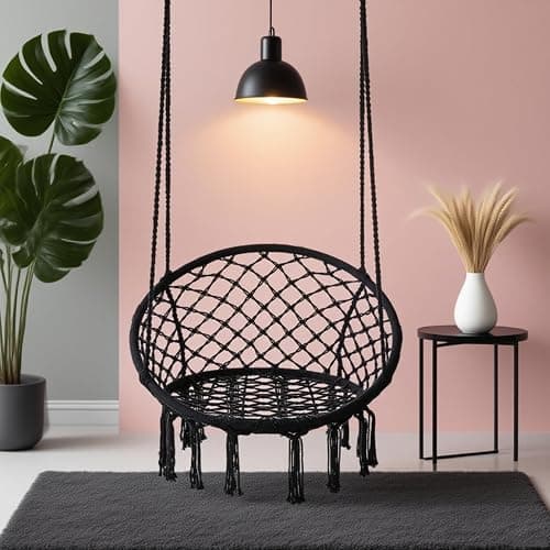 Goutime Hammock Chair, Macrame Hanging Indoor Swing Chairs with Hardware Kit,Adult Boho Swinging Swings for Outside,Patio,Balcony,Bedroom (Black (Pillows are not Included)) thumbnail 5
