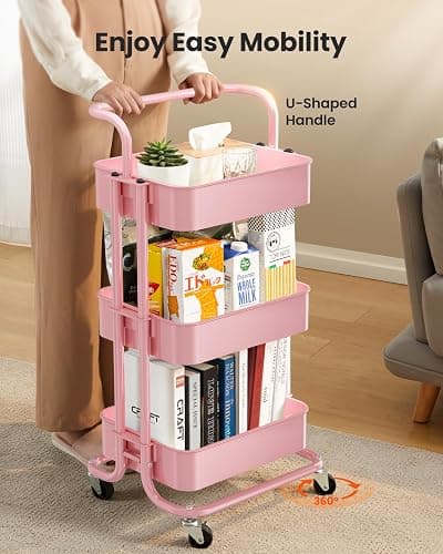 Pipishell 3 Tier Mesh Utility Cart, Rolling Metal Organization Cart with Handle and Lockable Wheels, Multifunctional Storage Shelves for Kitchen Living Room Office Pink thumbnail 4