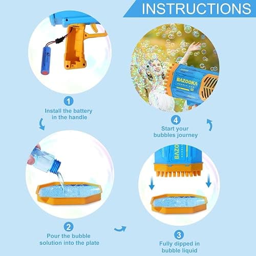 Bubble Gun Bazooka Machine with Solution - 69 Holes Blaster for Outdoor Summer Toy, Party Favors - Blue Easter Bubble Maker Blowers for Kids thumbnail 7