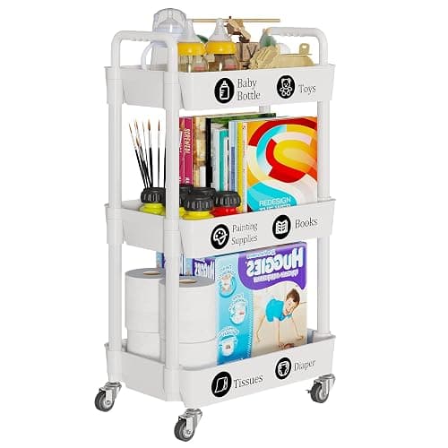 Laiensia 3-Tier Rolling Cart with Wheels,Multifunction Utility Storage Carts, Kitchen Storage Organizer,Mobile Shelving Unit for Bathroom,Laundry,with Classified Stickers,White thumbnail 7