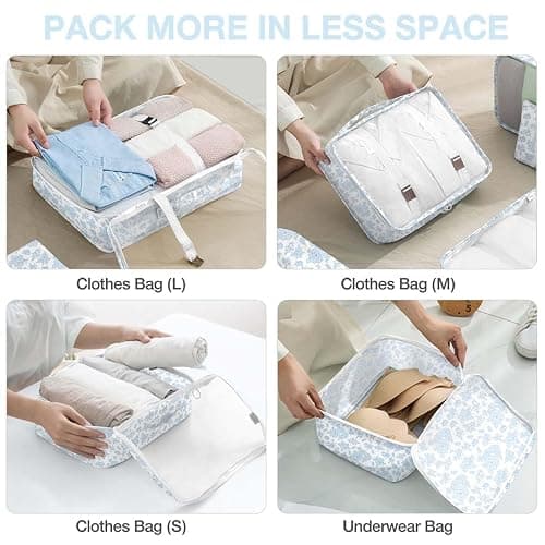 8 Set Packing Cubes for Suitcases,Packing Cube with Shoe, Cosmetics, Clothing, and Accessories Bags Packing Cubes for Travel Luggage Organizer Women Men(Blue Flowers) thumbnail 5