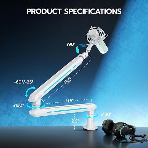 ARES WING Aluminum Low Profile Mic Arm with 4.4 lbs Load Capacity, Adjustable Microphone Boom Arm with 3/8” to 5/8” Screw Adapter, Desk Mount Mic Stand for Gaming Streaming Podcasting, White thumbnail 8