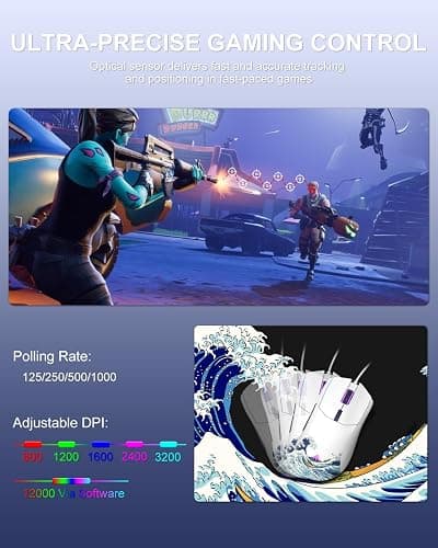 COSTOM Womier G705 USB Wired Gaming Mouse for PC Computer Windows Mac Laptop, Lightweight Silent RGB Backlit Mouse with Adjustable 12000DPI/7 Programmable Side Buttons,White Kanagawa Theme thumbnail 3