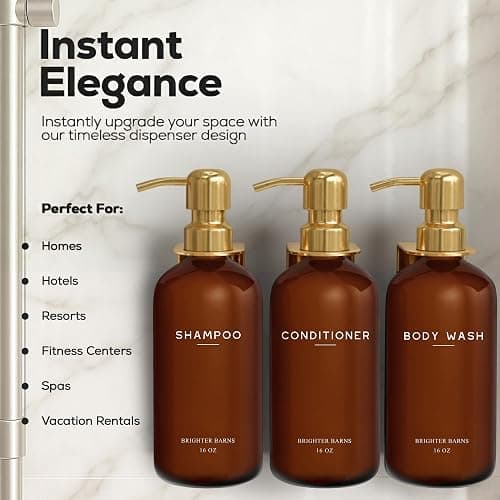 Luxury Shampoo and Conditioner Dispenser Set Wall Mounted by Brighter Barns - Plastic Shower Dispenser Set - 3 Chamber Drill Free Shampoo Bottle - Modern Bathroom Decor for Guest Bathroom (Amber Gold) thumbnail 3