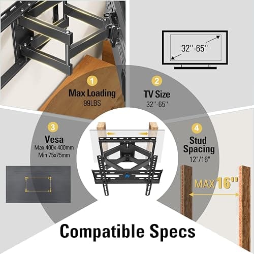Mounting Dream TV Wall Mount for 32-65 Inch Television,Mount with Swivel and Tilt, Full Motion Bracket with Articulating Dual Arms, Fits 16inch Studs, Max VESA 400X400 mm, 99lbs, MD2380 thumbnail 7