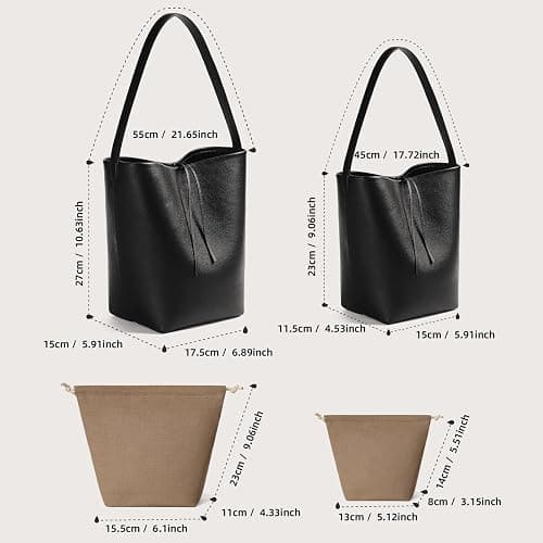 Genuine Leather Bucket Bag with Credit Card Holder Wallet, First Layer Pebble-grained Calfskin Tote Bag thumbnail 4