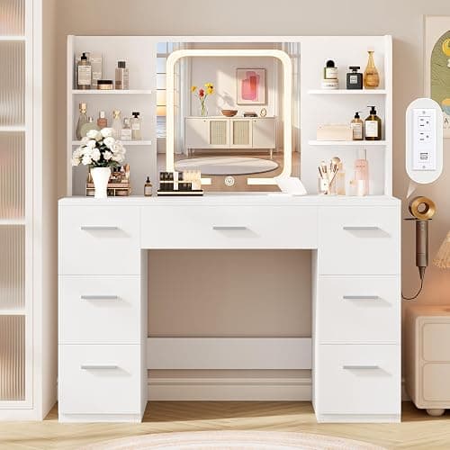 LIVELYGLOW Large Makeup Vanity Desk, 43.3”W x 15.7“D x 53.2”H, White (Large Desktop, Samrt LED Mirror, 4 Open Shelves, 7 Drawers, Hairdryer Rack, Power-Outlet, No Cushion Stool Included) thumbnail 8