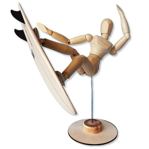 CRAFTED INGENUITY The Stokies Wooden Surf Art Figurine – 5.5” Posable Surfer with 4.5” Twin-Fin Fish Surfboard | Retro Surf Decor, Coastal Home Display, Unique Surfer Gift - Image 1