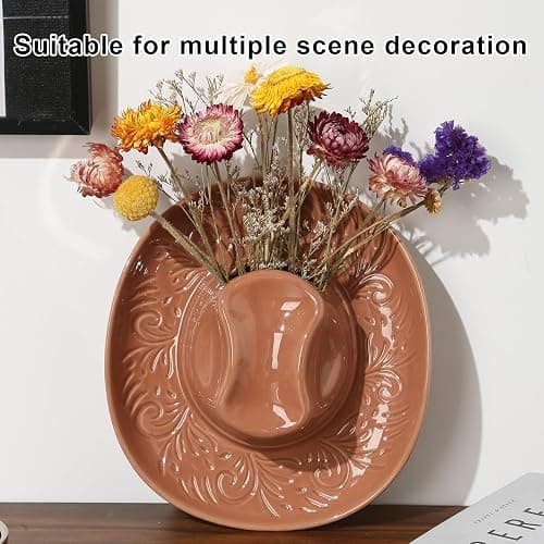 Hanging Wall Planters for Indoor Plants, Wall Vases for Flowers, Ceramic Cowboy Hat Vases for Decor, for Bathroom, Living Room, Office, and Home Decor. Brown thumbnail 4