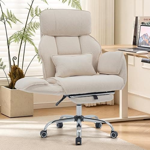 Criss Cross Office Chair with Footrest - 5-Gear Flat Armrests Corduroy Desk Chair, Reclining Wide Ergonomic Computer Chair with Lumbar Pillow, High Back Swivel Vanity Chair - Image 1