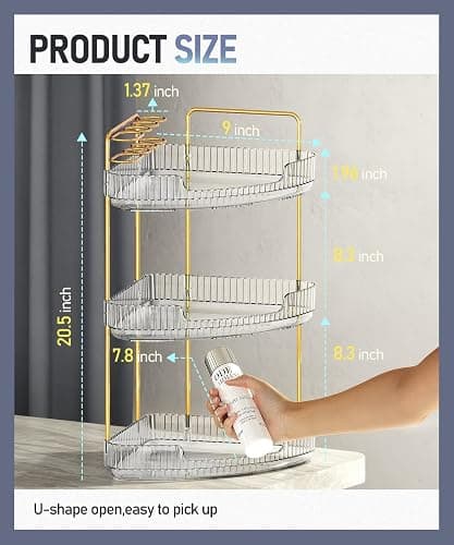 EUHOME 3-Tier Corner Bathroom Counter Organizer Makeup Cosmetic Storage, Tool-Free Installation Acrylic Vanity Shelf, Countertop Storage Organizers Perfume Tray for Bathroom, Dresser, Kitchen (Clear) - Clear - 9" x 9" x 20.5" thumbnail 2