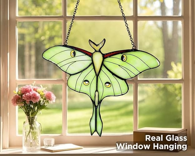AuroAura Green Luna Moth Stained Glass Window Hanging - Handmade Real Glass Suncatcher for Women, Mom, Grandma - Elegant Green Butterfly Gifts Box Home Decor (H5.8xW7.3 Inch) thumbnail 3