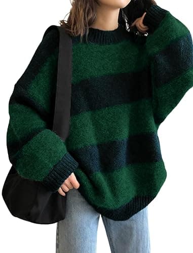 EMMIOL Women's Oversized Striped Sweaters 2025 Fall Trendy Long Sleeve Knit Outfits Crewneck Fashion Pullover Tops - Image 1
