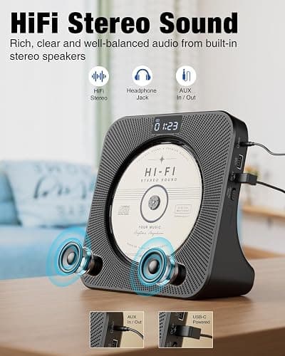 MEGATEK Portable CD Player with Bluetooth RX/TX, FM Radio & USB - Black | Desktop Design, HiFi Stereo Speakers, Front Display, Headphone Jack, Sleep Timer, Remote, USB-C Adapter Included thumbnail 4