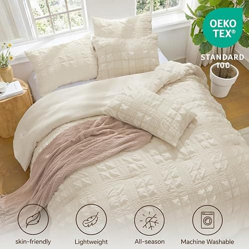 BEDELITE Queen Comforter Set, Seersucker Bedding Set 3 Pieces, Cream | All Season Use, Machine Washable, Soft and Lightweight, Ruched Comforter for Bedroom, Wrinkle-Resistant, Cozy and Stylish thumbnail 3