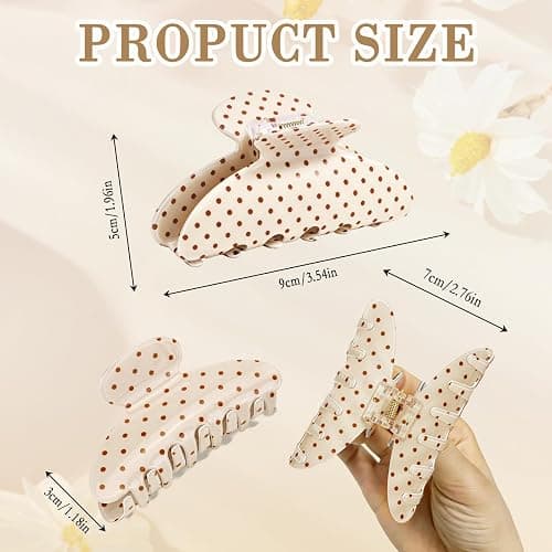 Polka Dot Hair Claw Clip for Women, Lightweight Acrylic Non-Slip Jaw Clip, Small Medium Strong Hold for Thin Hair, Elegant French Style Hair Accessories for Updo Bun Half Up Styles - Beige thumbnail 2