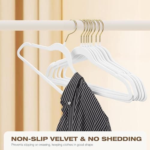 Uinicor 50 Pack White Velvet Hangers,Non Slip,Heavy-Duty,Slim,Space Saving,with Felt Surface and Gold 360°Swivel Hook,for Pants,Outfit,Skirts,Suits,Coats,Dresses ect. thumbnail 3
