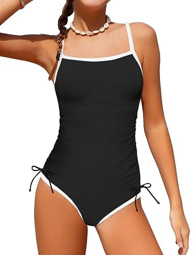 TyeSmo Girls Swimsuit One Piece Bathing Suit Color Block Strap Swimwear Drawstring Swimsuits for Teens 9-16Y with Padded - Image 1