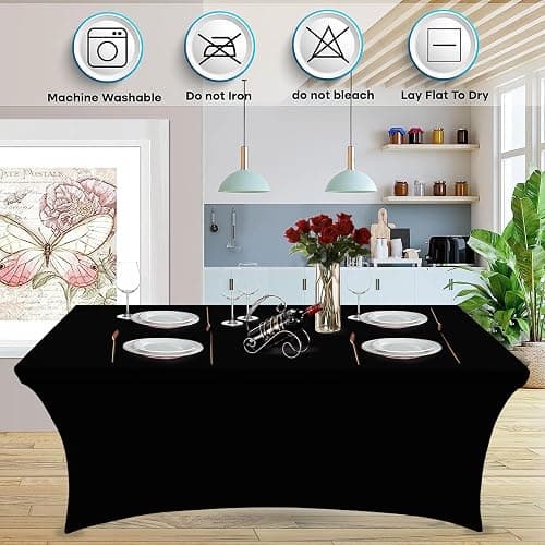 Heochy 2 Pack 6FT Table Cloth for Rectangle Table - Black Tablecloths Rectangular Fitted Stretch Spandex Table Covers 6 ft for Birthday, Cocktail, Wedding, Banquet Christmas Holiday Tablecloth - 70" x 30"-2 pack - Black thumbnail 4