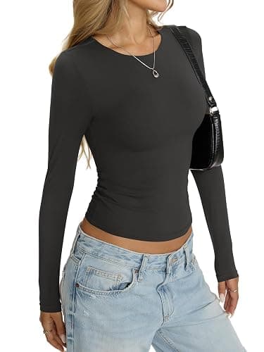 EasyGala Womens Double Lined Seamless Crew Neck Shirts Basic Long Sleeve Tops Sexy Slim Fit T Shirts Casual Fall Clothes thumbnail 5