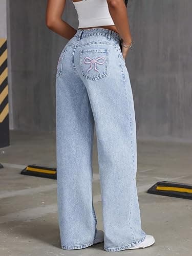 Peakpride Jeans for Teens Girls Baggy Wide Leg Elastic Waist Bowknot Embroidery Denim Pants Y2K Trendy Streetwear 12-16Y - Light Wash - 14 Years thumbnail 8