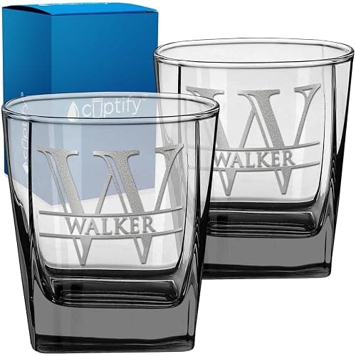 12 oz Personalized Double Old Fashioned Glass Set of 2 - Initial Block Surname Design - Black Custom Etched Cube Whiskey Glass - Perfect for Bourbon, Scotch, and Cocktails - Ideal Gift for Men - Image 1