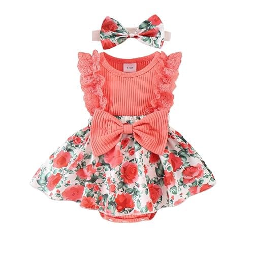 KAFIREN Baby Girl Newborn Lace Romper Dress Sleeveless Summer Outfits 0-12M | Lace Ruffles Romper Dress, Flower Skirt With Bow Headband, Breathable for Summer, Ideal for Daily Wear, Machine Washable - Image 1