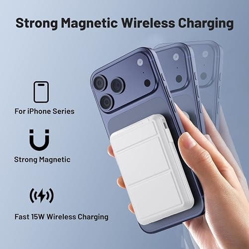 Azmuth for Magsafe Power Bank, 10000mAh Magnetic Battery Pack 20W | Portable Charger 20W PD Fast Charging with USB-C Cables, LED Display with Stand for iPhone 17/16/15/14/13/12 Series (White) thumbnail 4