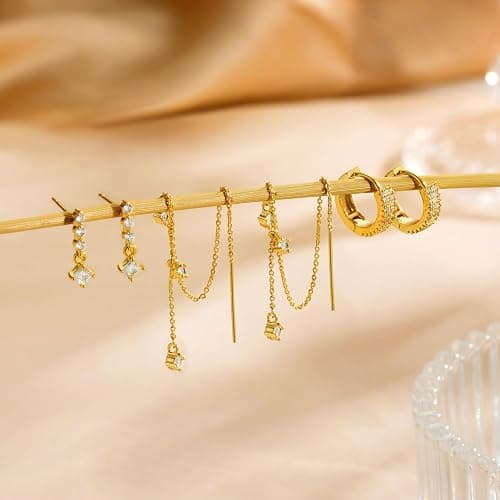 NECOCY Christmas Gift 14K Gold Plated Chain Earrings for Women 3/4 Pairs Dangle Dainty Stack Hoop Earrings Set Trendy Cubic Zirconia Stud Earrings for Women Jewelry thumbnail 7